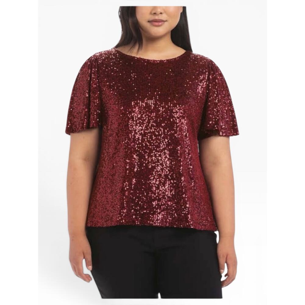 Hilary Radley Sequin Top Women’s XXL Wine Short Sleeve Party Top NWT